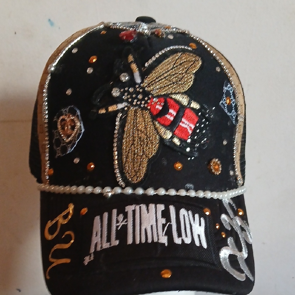 Custom Embroidered Black Cap with Bee Design